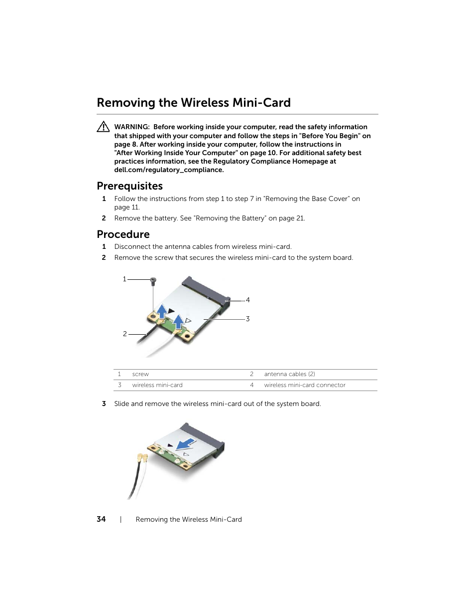 Removing the wireless mini-card, Prerequisites, Procedure | Dell XPS 15 (L521X, Mid 2012) User Manual | Page 34 / 72