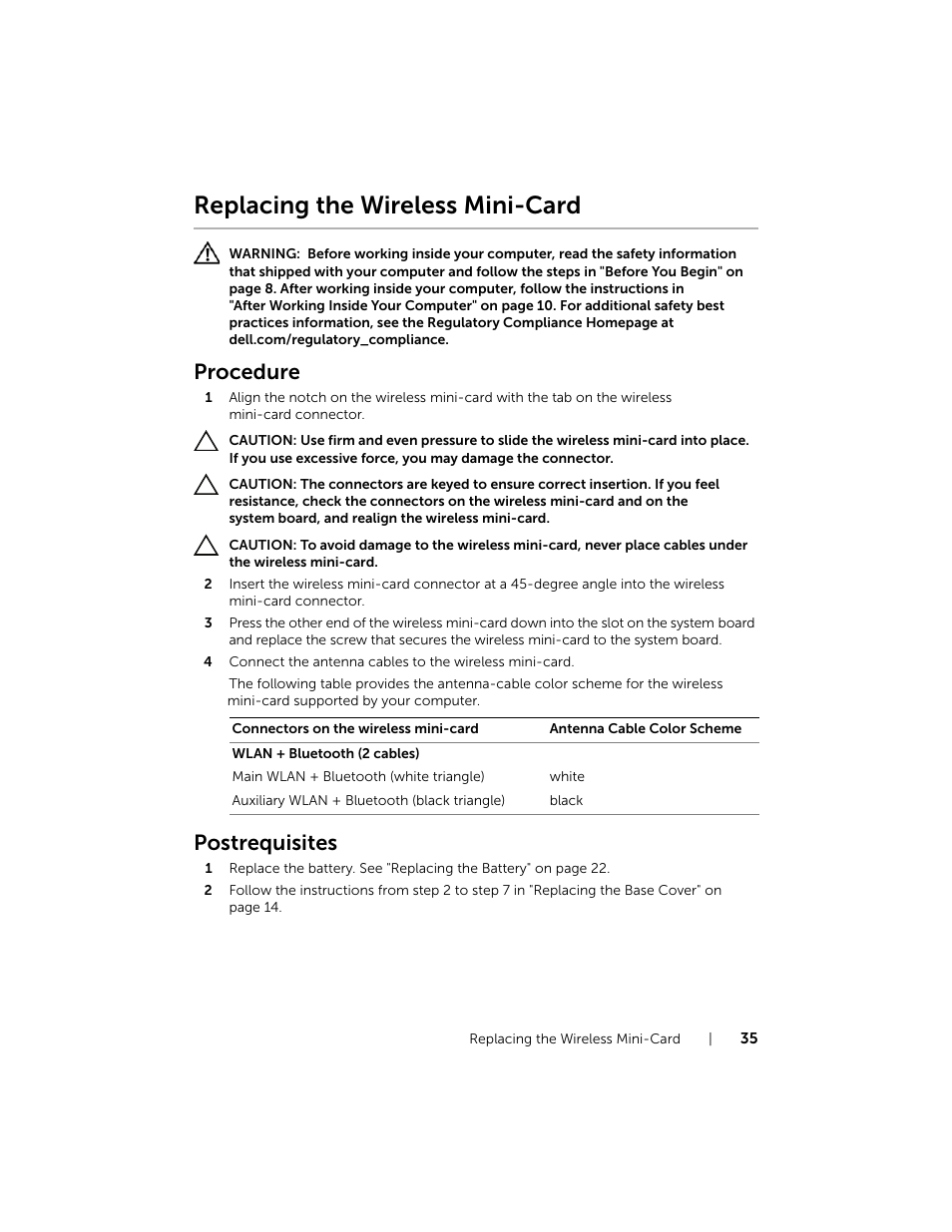Replacing the wireless mini-card, Procedure, Postrequisites | Dell XPS 15 (L521X, Mid 2012) User Manual | Page 35 / 72
