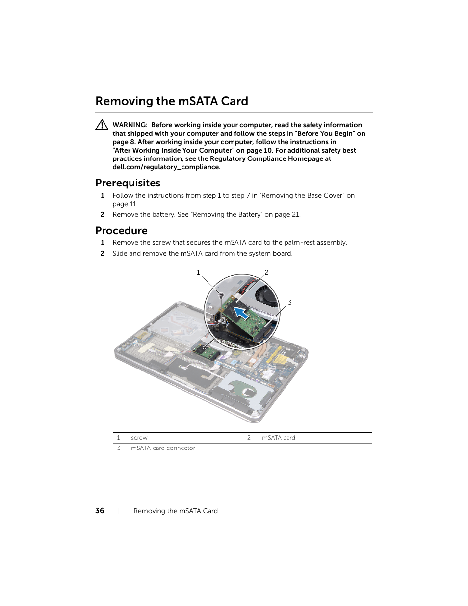 Removing the msata card, Prerequisites, Procedure | Dell XPS 15 (L521X, Mid 2012) User Manual | Page 36 / 72