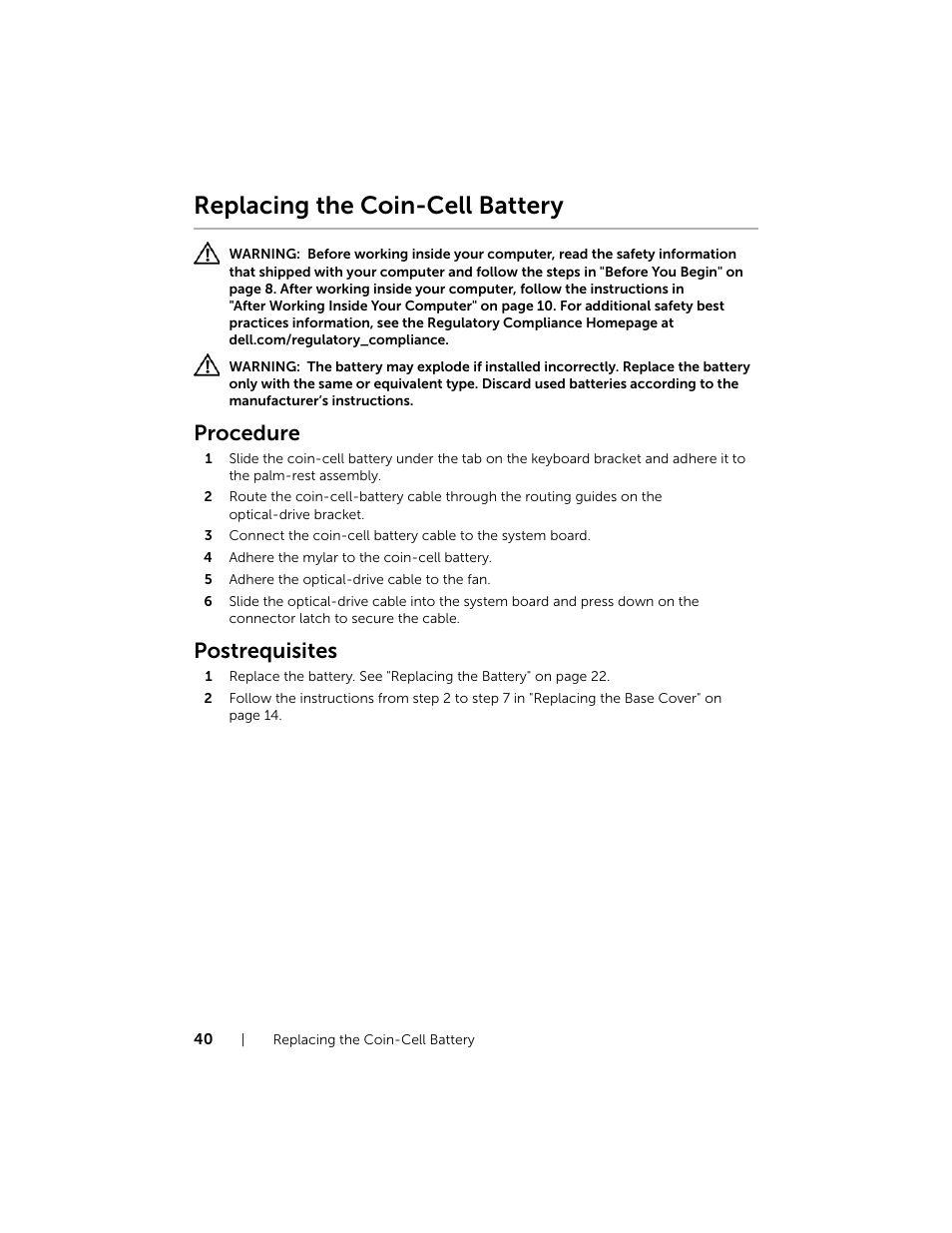 Replacing the coin-cell battery, Procedure, Postrequisites | Dell XPS 15 (L521X, Mid 2012) User Manual | Page 40 / 72