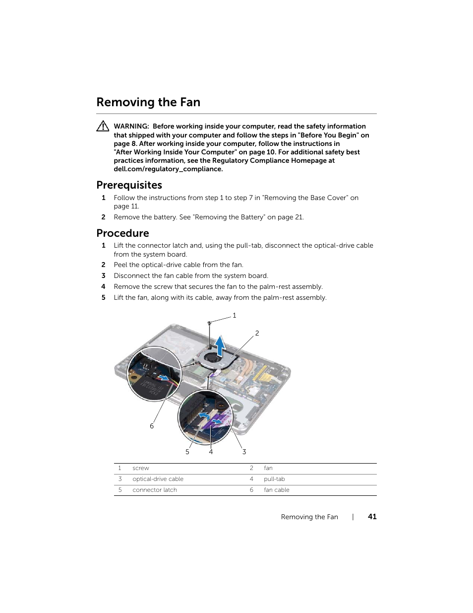 Removing the fan, Prerequisites, Procedure | Dell XPS 15 (L521X, Mid 2012) User Manual | Page 41 / 72