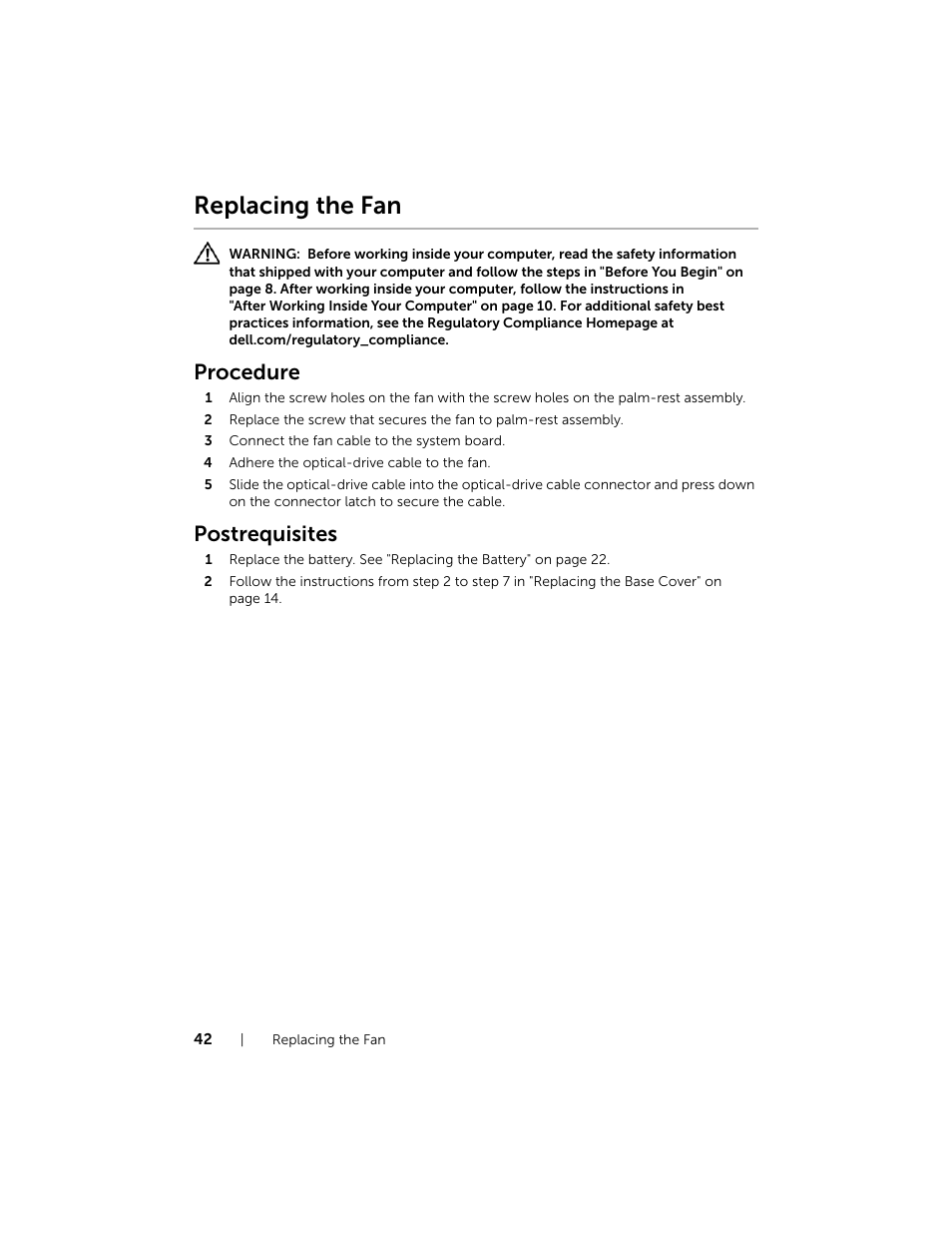Replacing the fan, Procedure, Postrequisites | Dell XPS 15 (L521X, Mid 2012) User Manual | Page 42 / 72