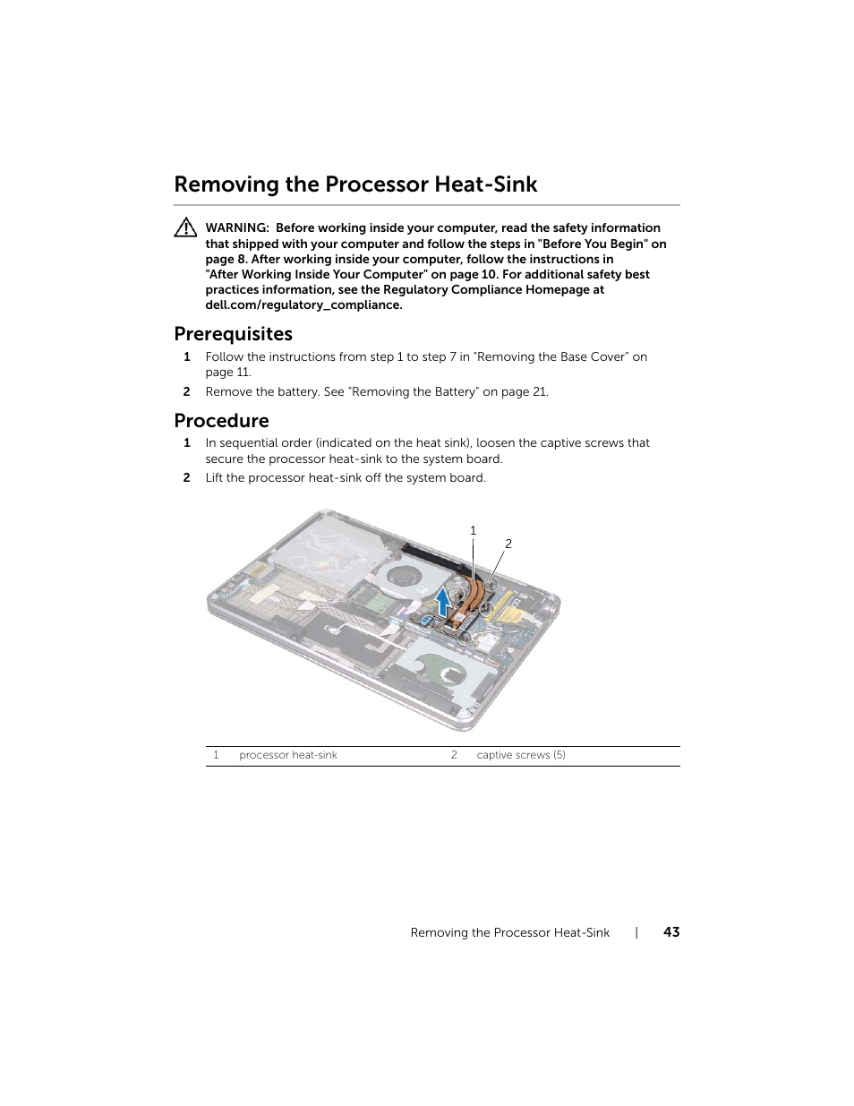 Removing the processor heat-sink, Prerequisites, Procedure | Dell XPS 15 (L521X, Mid 2012) User Manual | Page 43 / 72