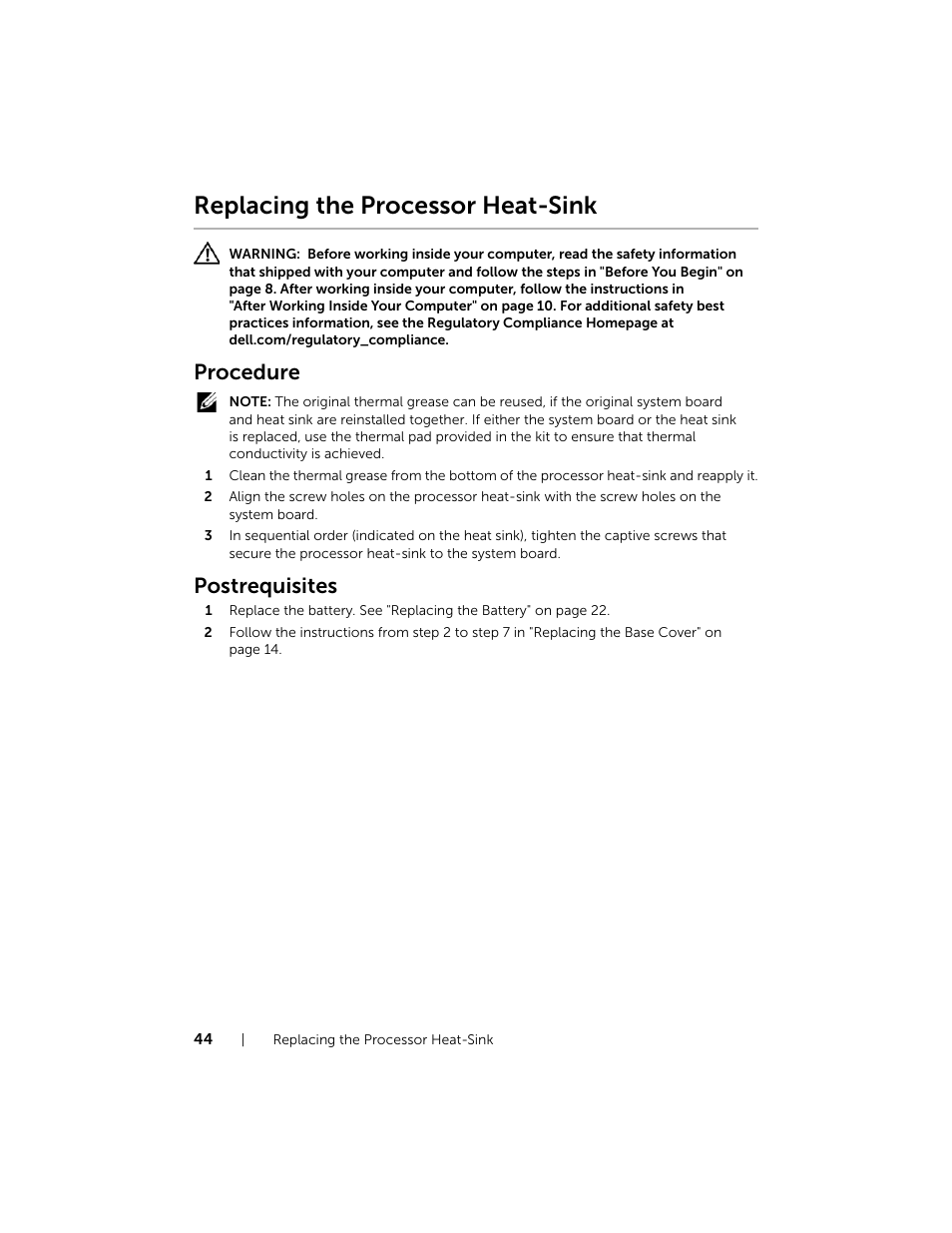 Replacing the processor heat-sink, Procedure, Postrequisites | Dell XPS 15 (L521X, Mid 2012) User Manual | Page 44 / 72