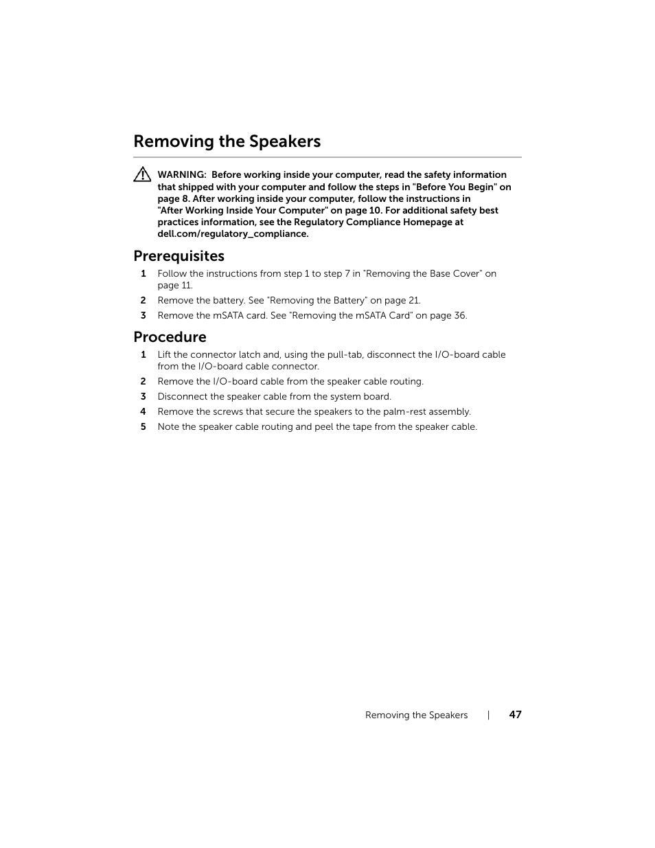 Removing the speakers, Prerequisites, Procedure | Dell XPS 15 (L521X, Mid 2012) User Manual | Page 47 / 72