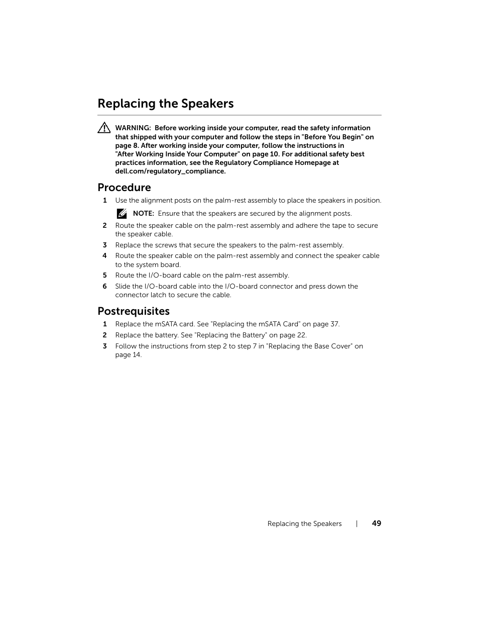 Replacing the speakers, Procedure, Postrequisites | Dell XPS 15 (L521X, Mid 2012) User Manual | Page 49 / 72