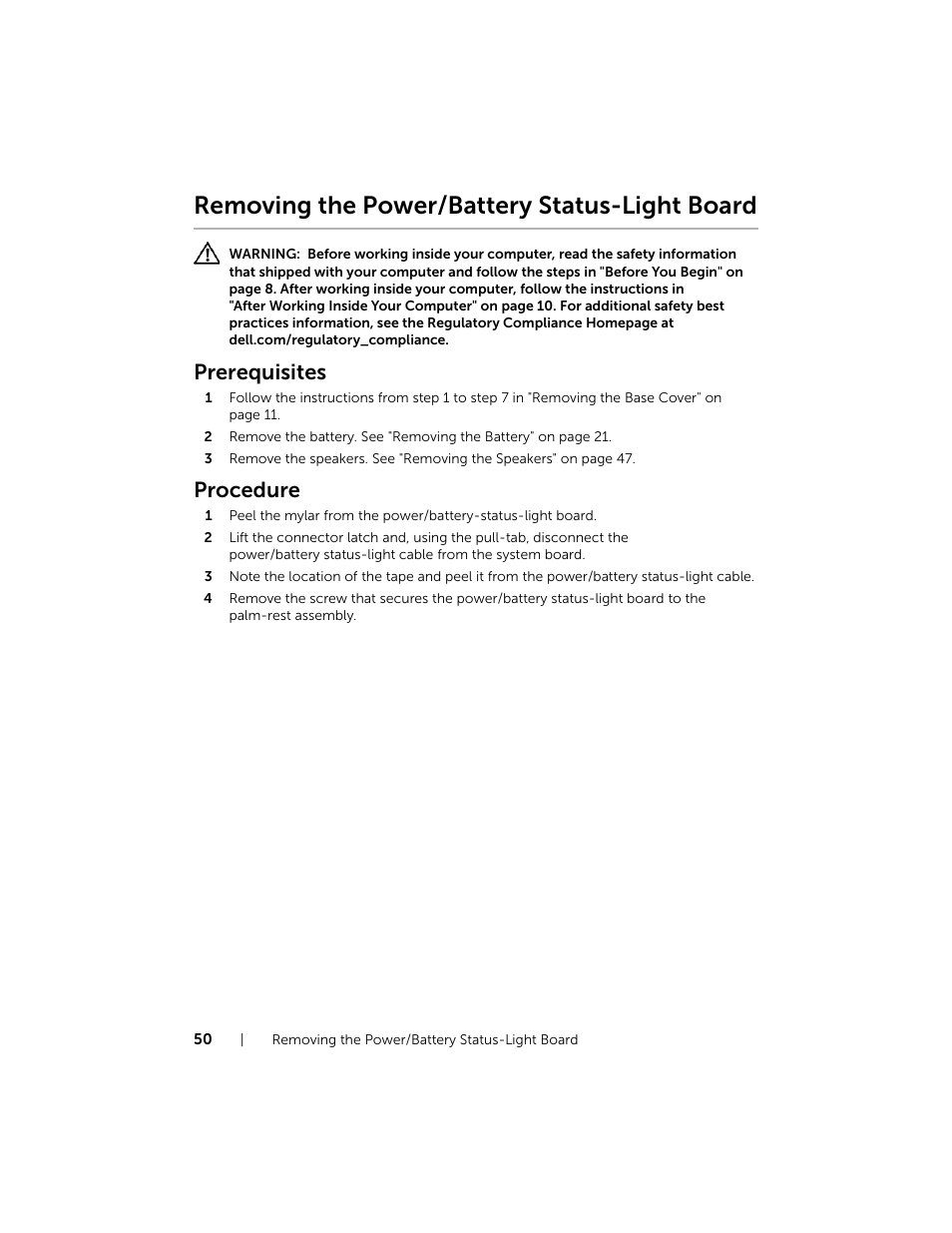 Removing the power/battery status-light board, Prerequisites, Procedure | Dell XPS 15 (L521X, Mid 2012) User Manual | Page 50 / 72