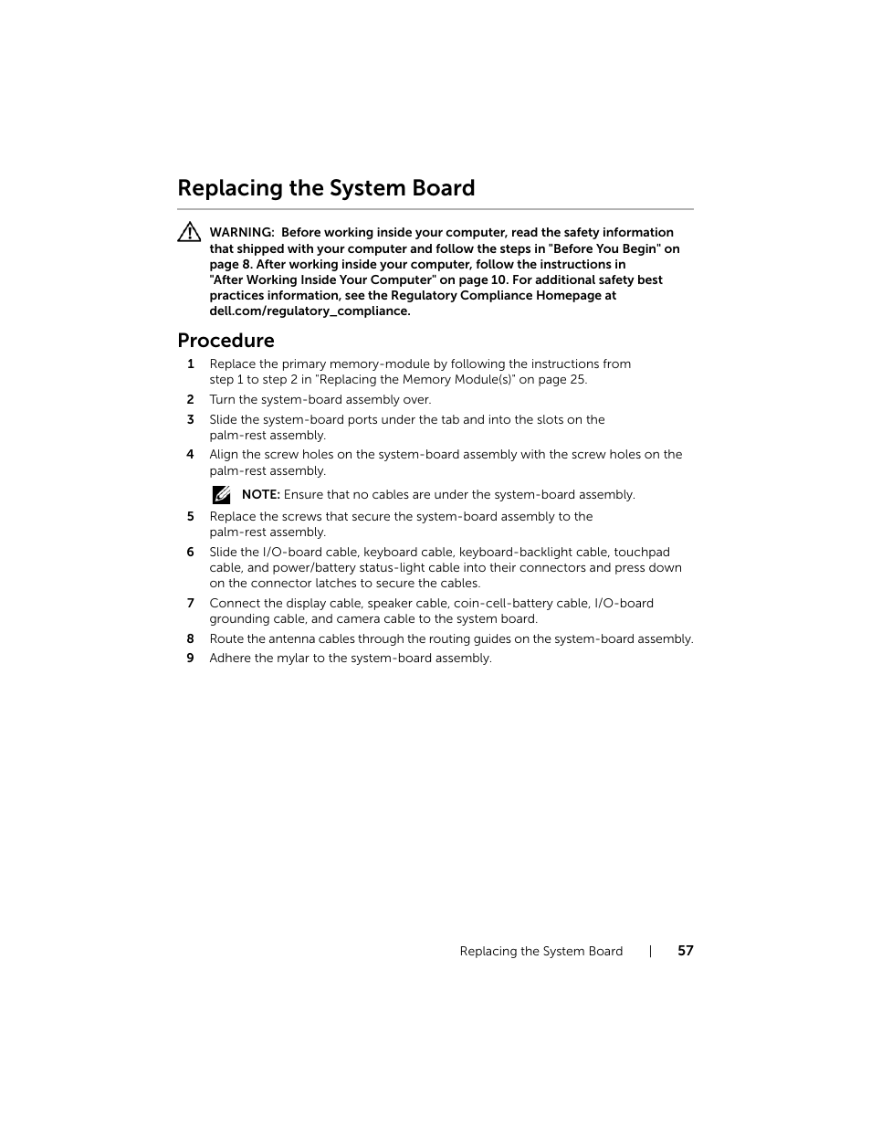 Replacing the system board, Procedure, Follow the instructions from step 2 to step 10 | Dell XPS 15 (L521X, Mid 2012) User Manual | Page 57 / 72