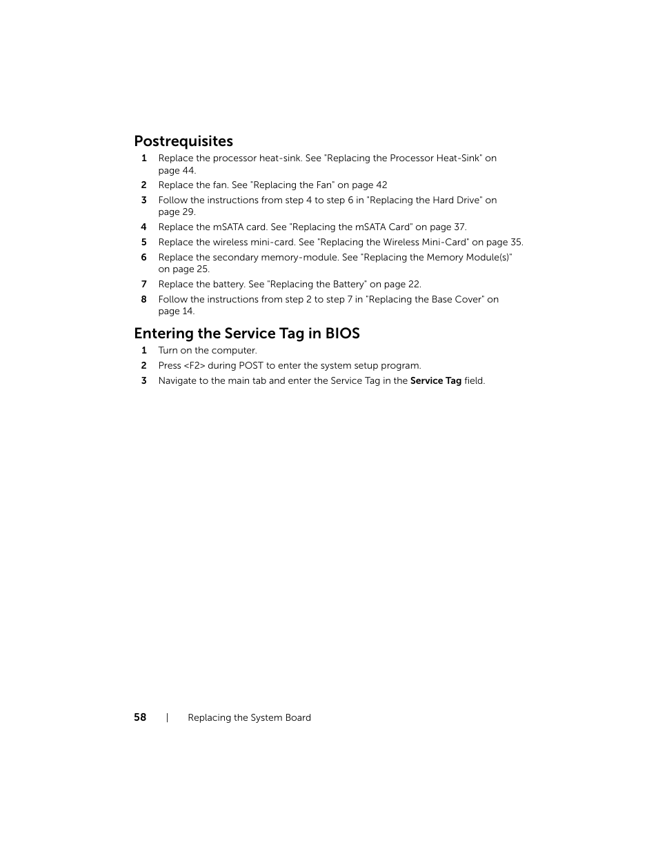 Postrequisites, Entering the service tag in bios | Dell XPS 15 (L521X, Mid 2012) User Manual | Page 58 / 72