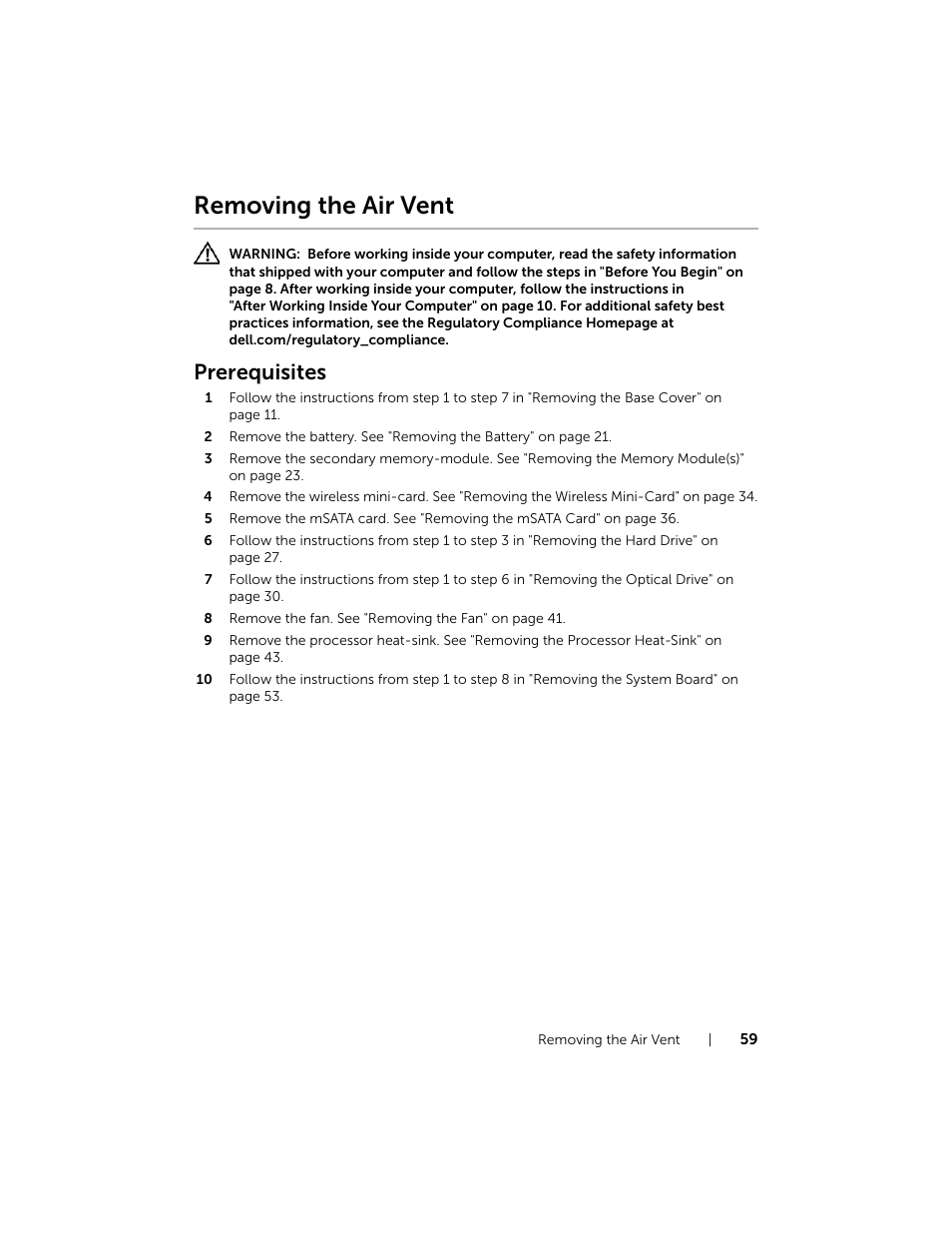 Removing the air vent, Prerequisites | Dell XPS 15 (L521X, Mid 2012) User Manual | Page 59 / 72