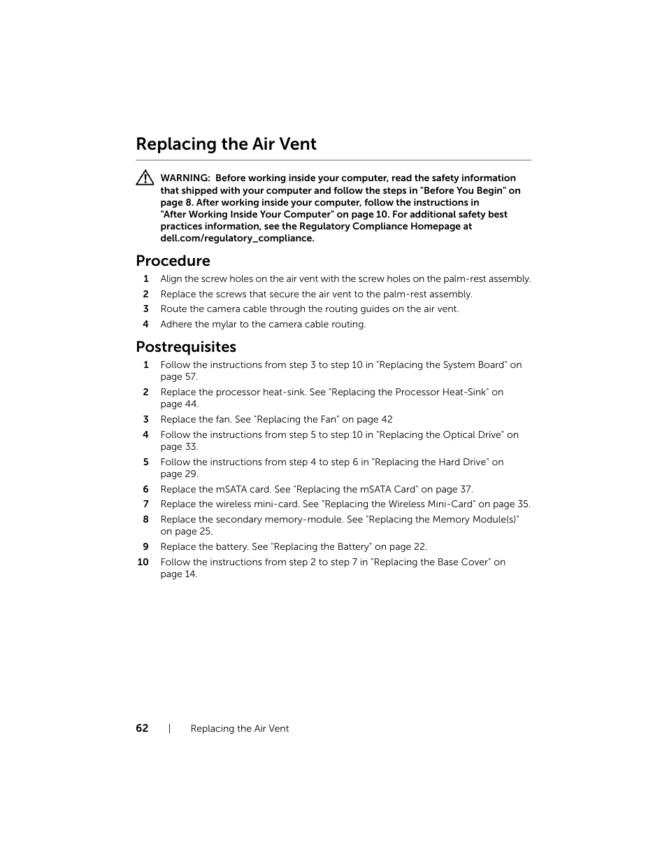 Replacing the air vent, Procedure, Postrequisites | Dell XPS 15 (L521X, Mid 2012) User Manual | Page 62 / 72