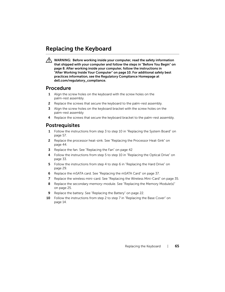 Replacing the keyboard, Procedure, Postrequisites | Dell XPS 15 (L521X, Mid 2012) User Manual | Page 65 / 72