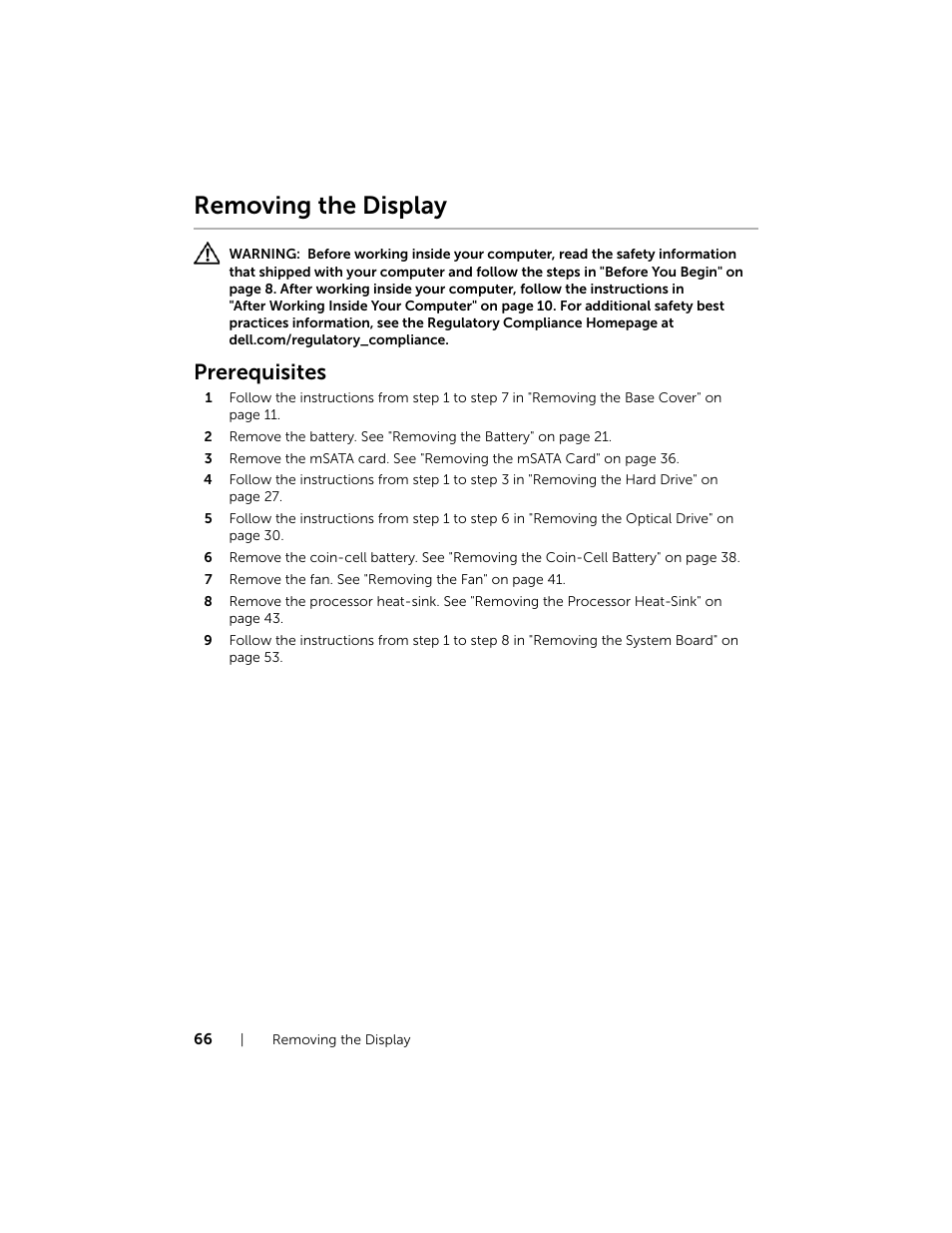 Removing the display, Prerequisites | Dell XPS 15 (L521X, Mid 2012) User Manual | Page 66 / 72