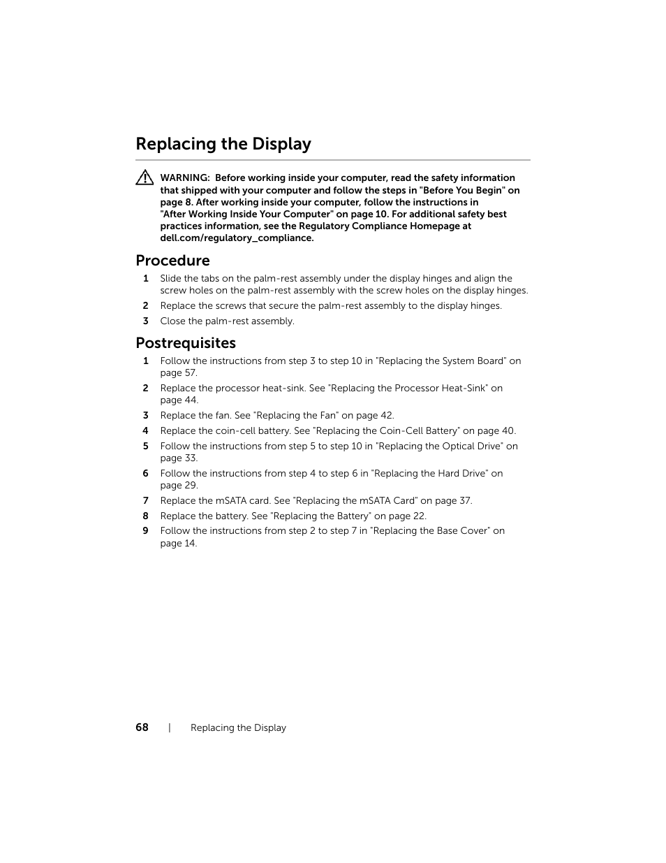 Replacing the display, Procedure, Postrequisites | Dell XPS 15 (L521X, Mid 2012) User Manual | Page 68 / 72