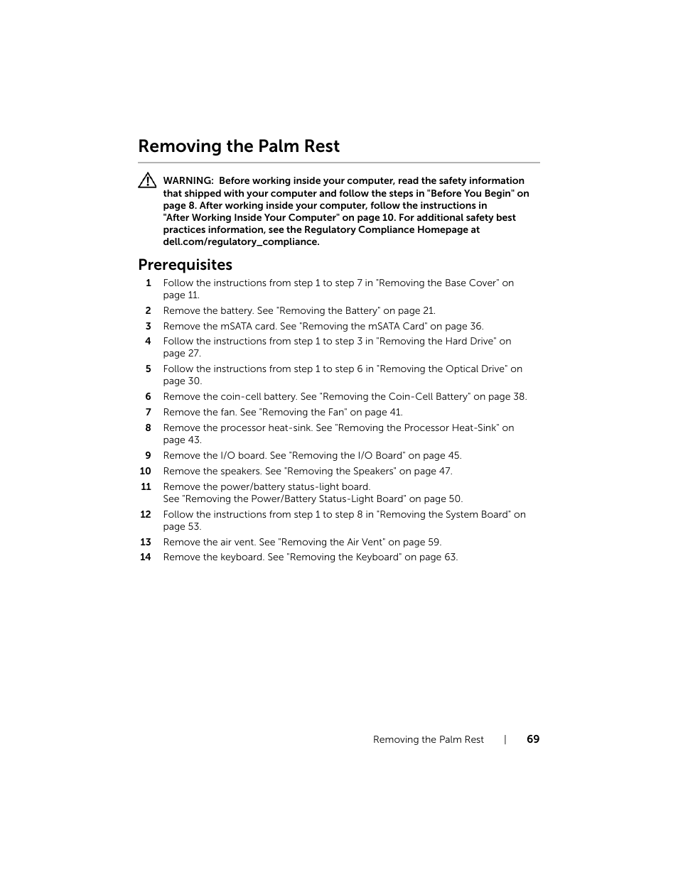Removing the palm rest, Prerequisites | Dell XPS 15 (L521X, Mid 2012) User Manual | Page 69 / 72