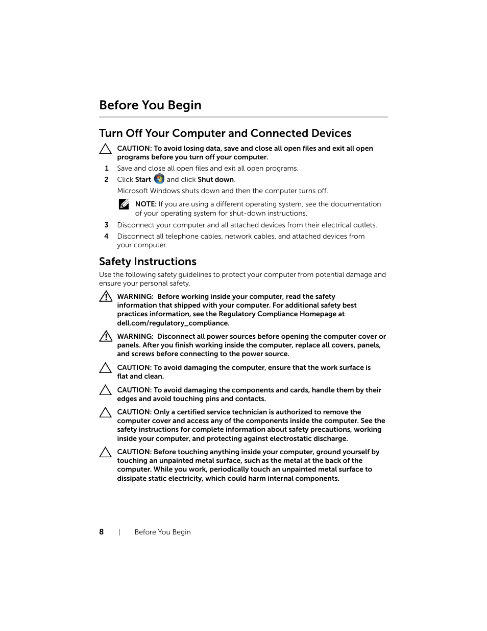 Before you begin, Turn off your computer and connected devices, Safety instructions | Dell XPS 15 (L521X, Mid 2012) User Manual | Page 8 / 72