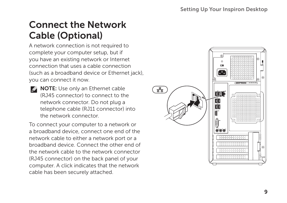 Connect the network cable (optional) | Dell Inspiron 620 (Mid 2011) User Manual | Page 11 / 72