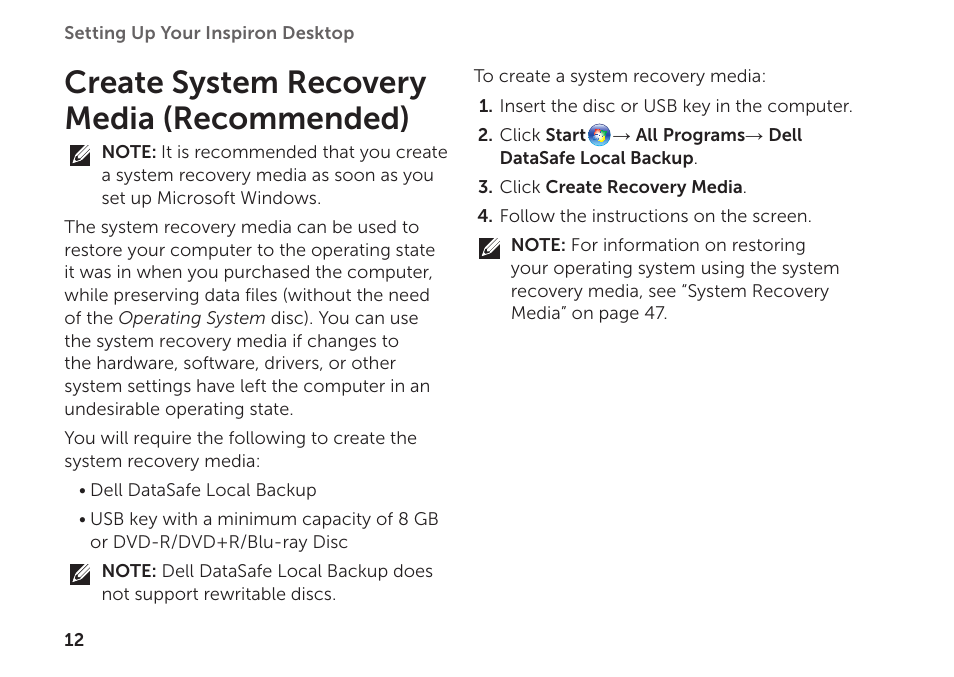 Create system recovery media (recommended) | Dell Inspiron 620 (Mid 2011) User Manual | Page 14 / 72