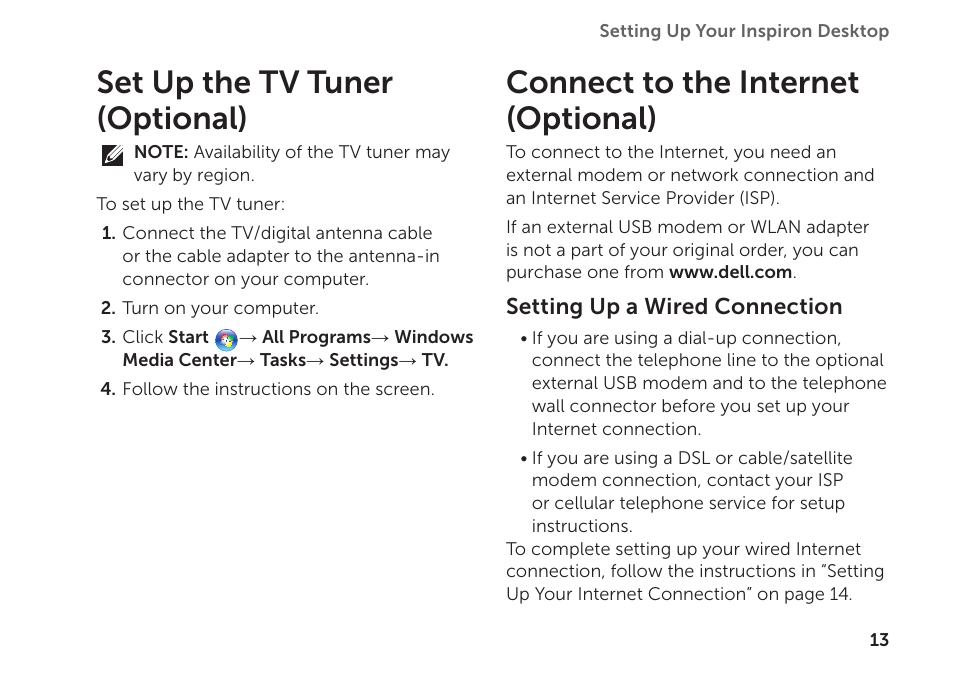 Set up the tv tuner (optional), Connect to the internet (optional) | Dell Inspiron 620 (Mid 2011) User Manual | Page 15 / 72