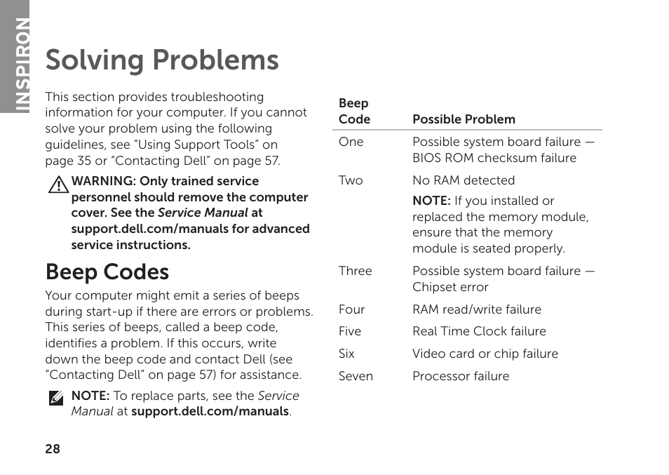 Solving problems, Beep codes, Inspiron | Dell Inspiron 620 (Mid 2011) User Manual | Page 30 / 72