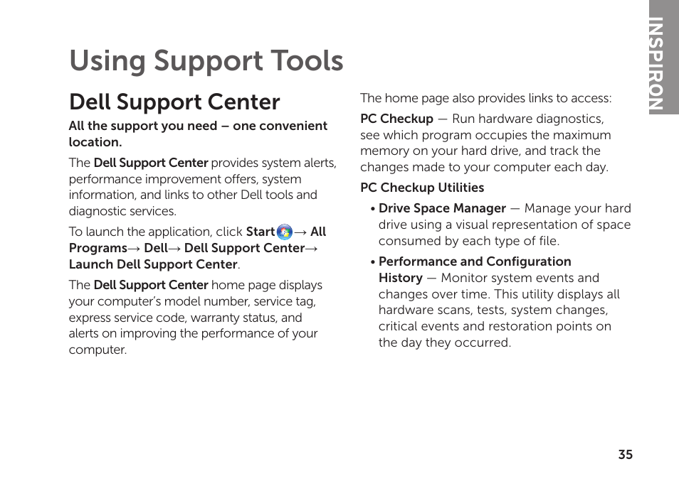 Using support tools, Dell support center, Inspiron | Dell Inspiron 620 (Mid 2011) User Manual | Page 37 / 72