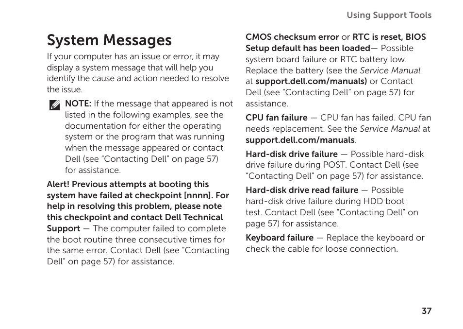 System messages | Dell Inspiron 620 (Mid 2011) User Manual | Page 39 / 72