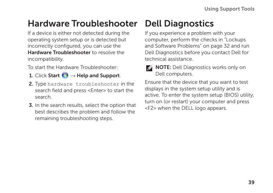 Hardware troubleshooter, Dell diagnostics, Hardware troubleshooter dell diagnostics | Dell Inspiron 620 (Mid 2011) User Manual | Page 41 / 72