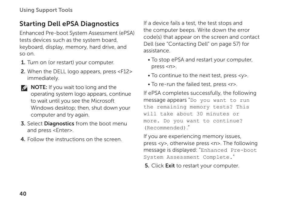 Starting dell epsa diagnostics | Dell Inspiron 620 (Mid 2011) User Manual | Page 42 / 72