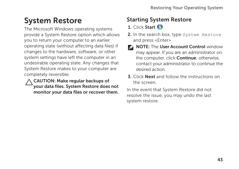 System restore | Dell Inspiron 620 (Mid 2011) User Manual | Page 45 / 72