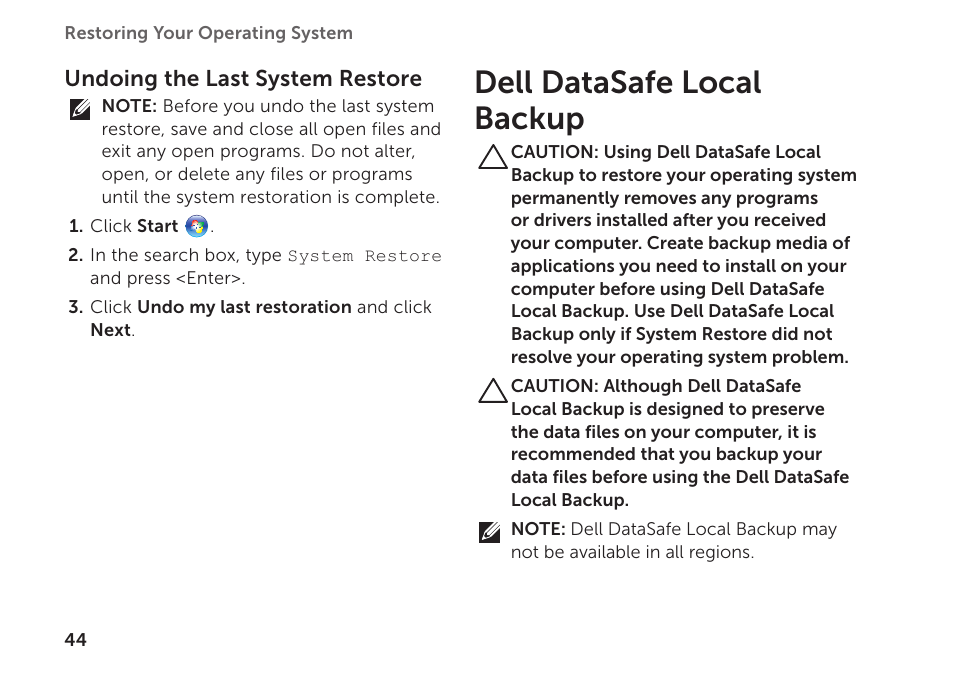 Dell datasafe local backup | Dell Inspiron 620 (Mid 2011) User Manual | Page 46 / 72