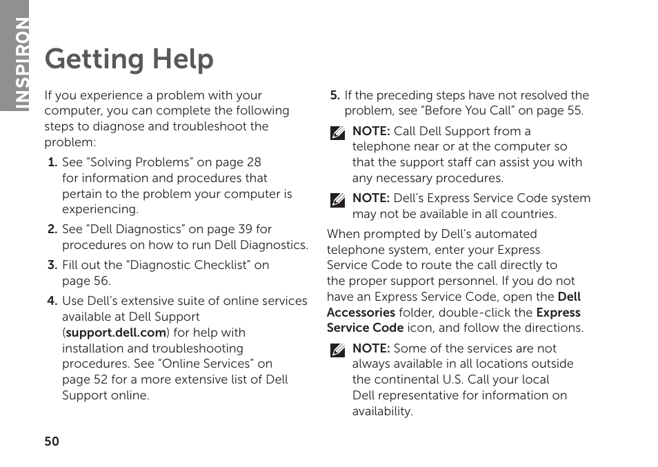 Getting help, Inspiron | Dell Inspiron 620 (Mid 2011) User Manual | Page 52 / 72