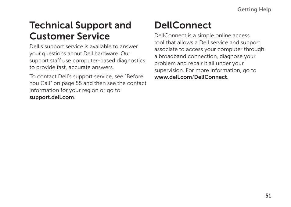 Technical support and customer service, Dellconnect, Technical support and customer service dellconnect | Dell Inspiron 620 (Mid 2011) User Manual | Page 53 / 72