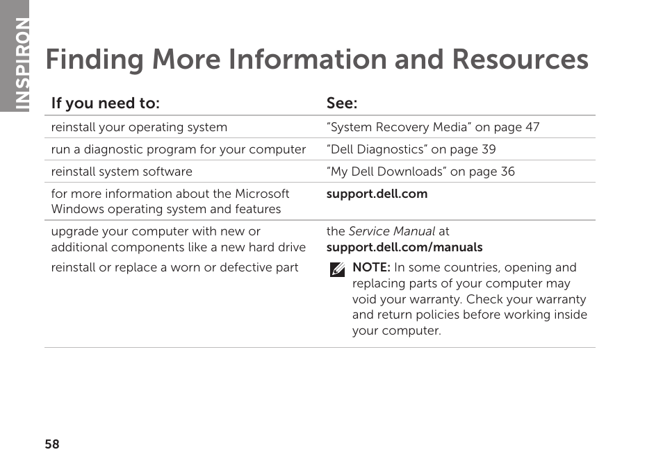 Finding more information and resources, Finding more information and, Resources | Inspiron | Dell Inspiron 620 (Mid 2011) User Manual | Page 60 / 72