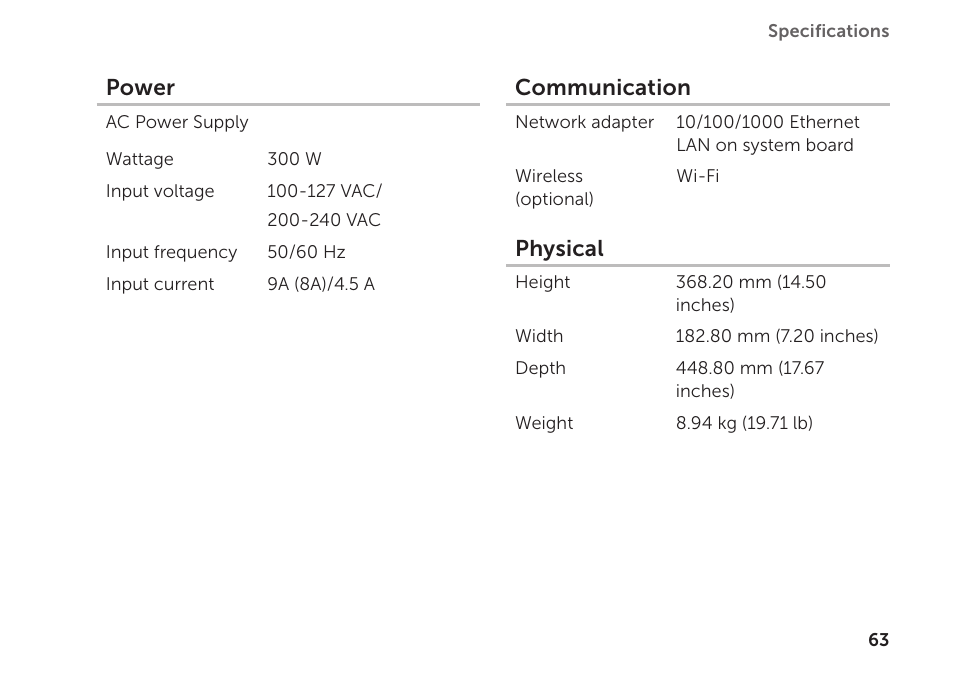 Power, Communication, Physical | Dell Inspiron 620 (Mid 2011) User Manual | Page 65 / 72