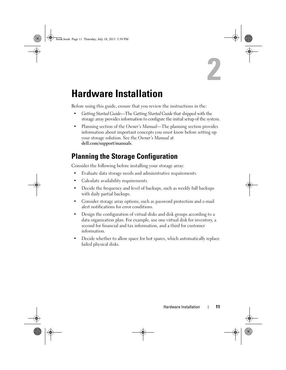Hardware installation, Planning the storage configuration | Dell POWERVAULT MD3620I User Manual | Page 11 / 86