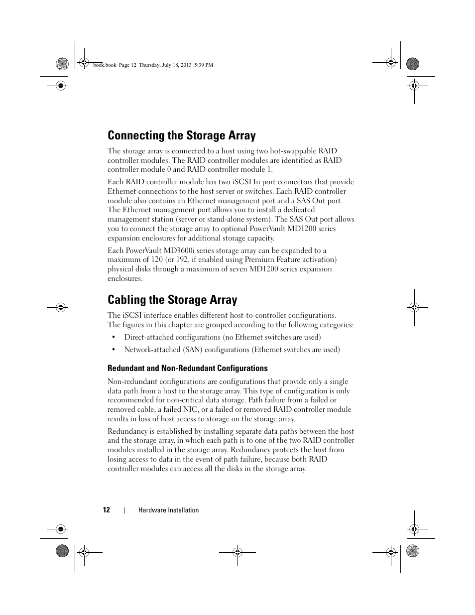 Connecting the storage array, Cabling the storage array, Redundant and non-redundant configurations | Dell POWERVAULT MD3620I User Manual | Page 12 / 86