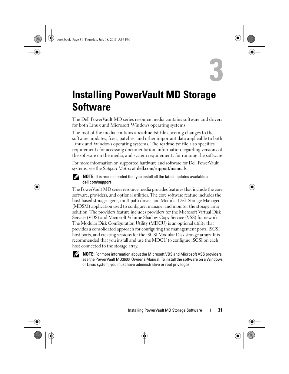 Installing powervault md storage software, Installing powervault md, Storage software | Dell POWERVAULT MD3620I User Manual | Page 31 / 86