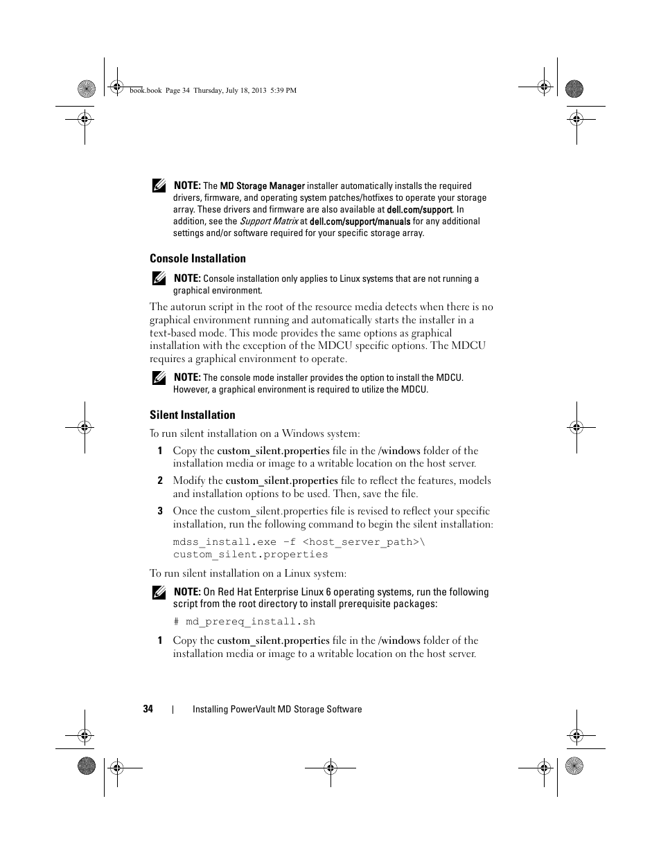 Console installation, Silent installation | Dell POWERVAULT MD3620I User Manual | Page 34 / 86