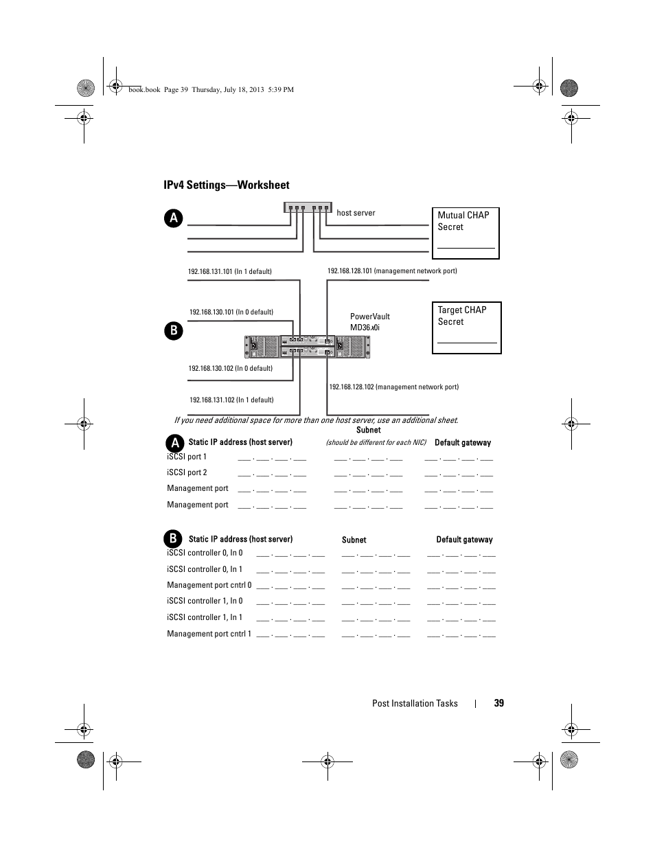 Ipv4 settings-worksheet, Ipv4 settings—worksheet, T, see "ipv4 | Dell POWERVAULT MD3620I User Manual | Page 39 / 86