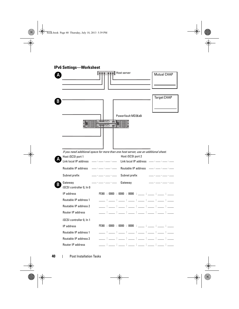 Ipv6 settings-worksheet, Ipv6 settings—worksheet, And "ipv6 settings—worksheet | Dell POWERVAULT MD3620I User Manual | Page 40 / 86