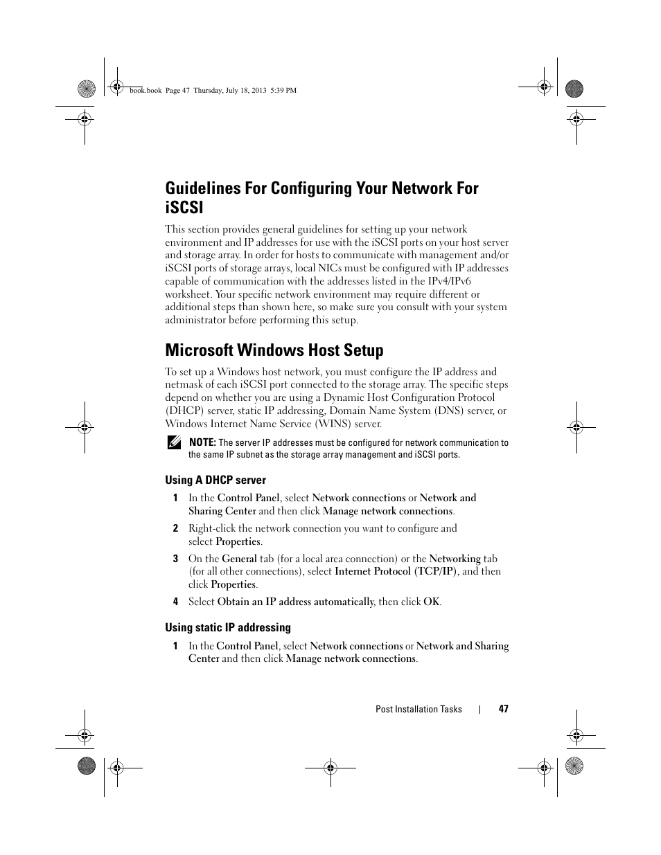 Guidelines for configuring your network for iscsi, Microsoft windows host setup, Using a dhcp server | Using static ip addressing | Dell POWERVAULT MD3620I User Manual | Page 47 / 86