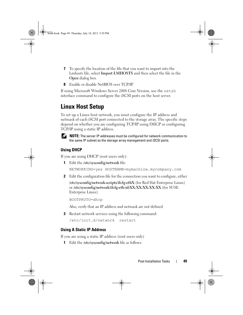 Linux host setup, Using dhcp, Using a static ip address | Dell POWERVAULT MD3620I User Manual | Page 49 / 86