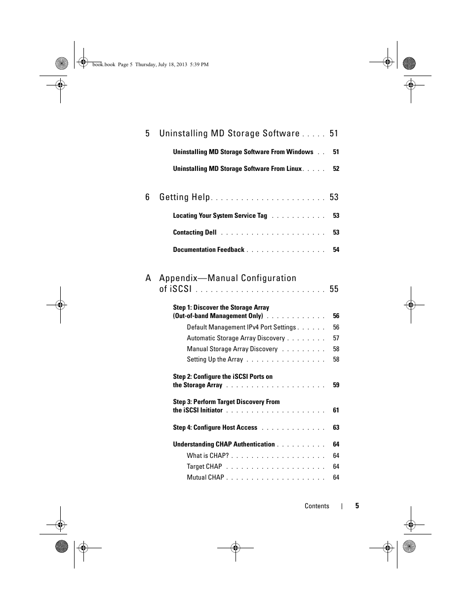 5 uninstalling md storage software, 6 getting help, A appendix—manual configuration of iscsi | Dell POWERVAULT MD3620I User Manual | Page 5 / 86