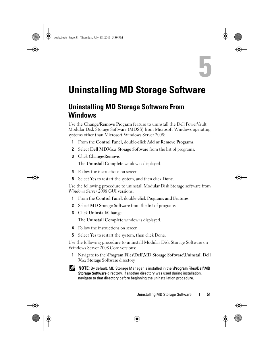 Uninstalling md storage software, Uninstalling md storage software from windows | Dell POWERVAULT MD3620I User Manual | Page 51 / 86