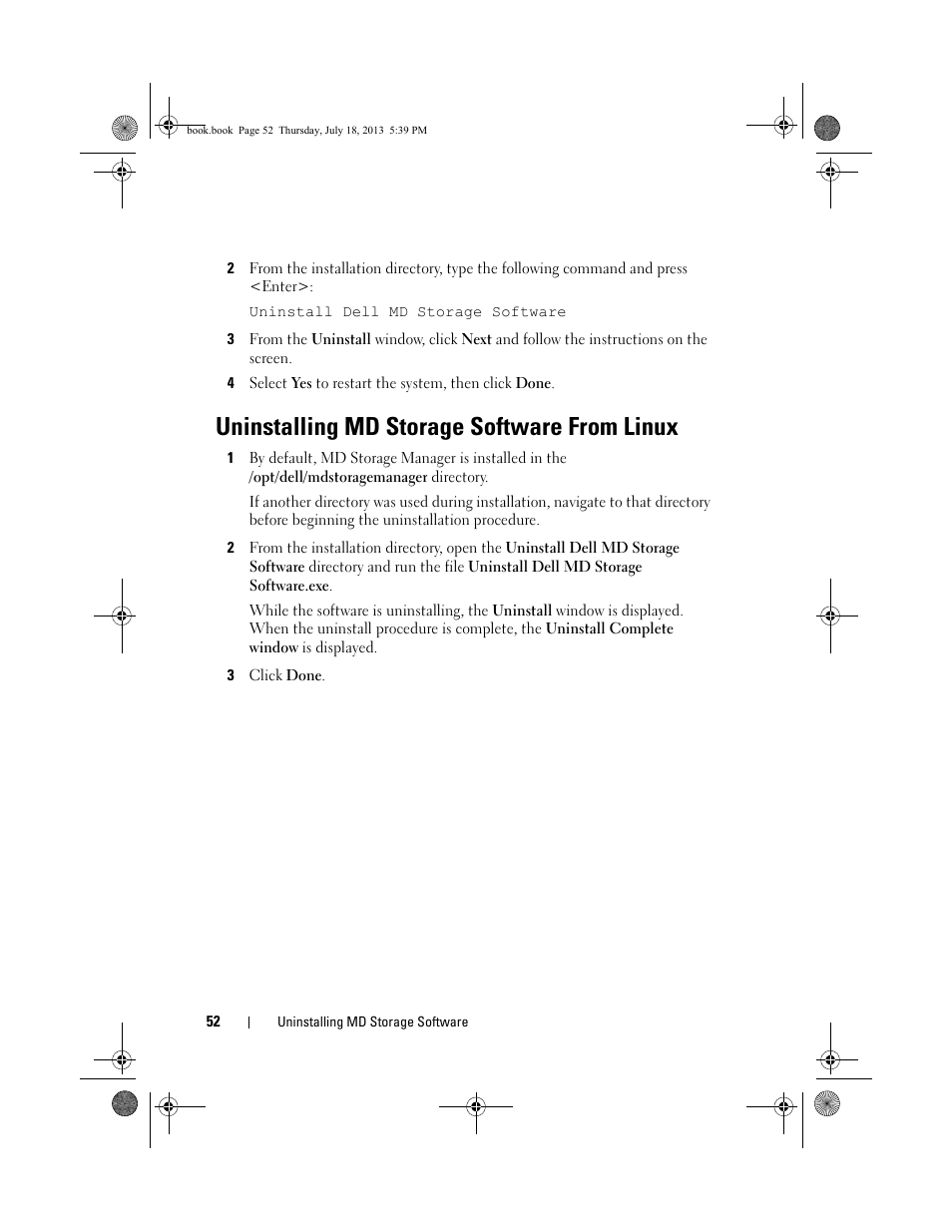 Uninstalling md storage software from linux | Dell POWERVAULT MD3620I User Manual | Page 52 / 86