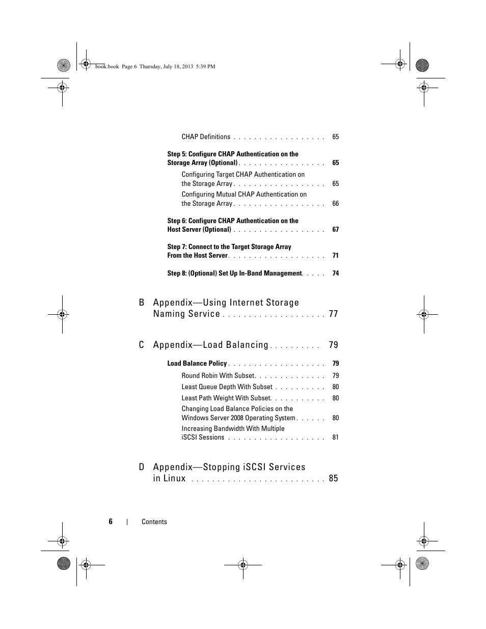 B appendix—using internet storage naming service, 77 c appendix—load balancing, D appendix—stopping iscsi services in linux | Dell POWERVAULT MD3620I User Manual | Page 6 / 86