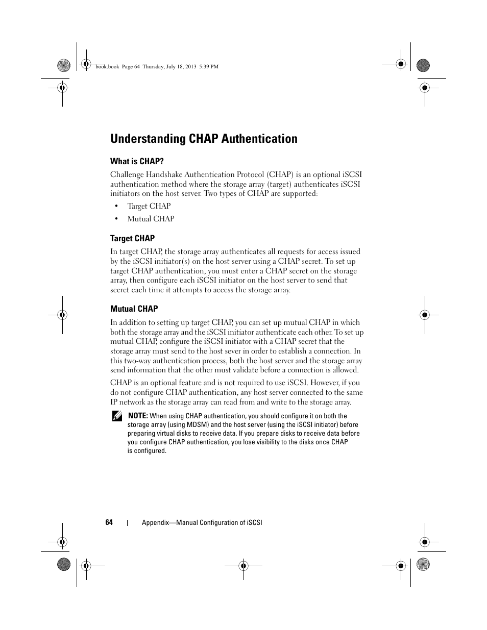 Understanding chap authentication, What is chap, Target chap | Mutual chap, E "understanding chap | Dell POWERVAULT MD3620I User Manual | Page 64 / 86