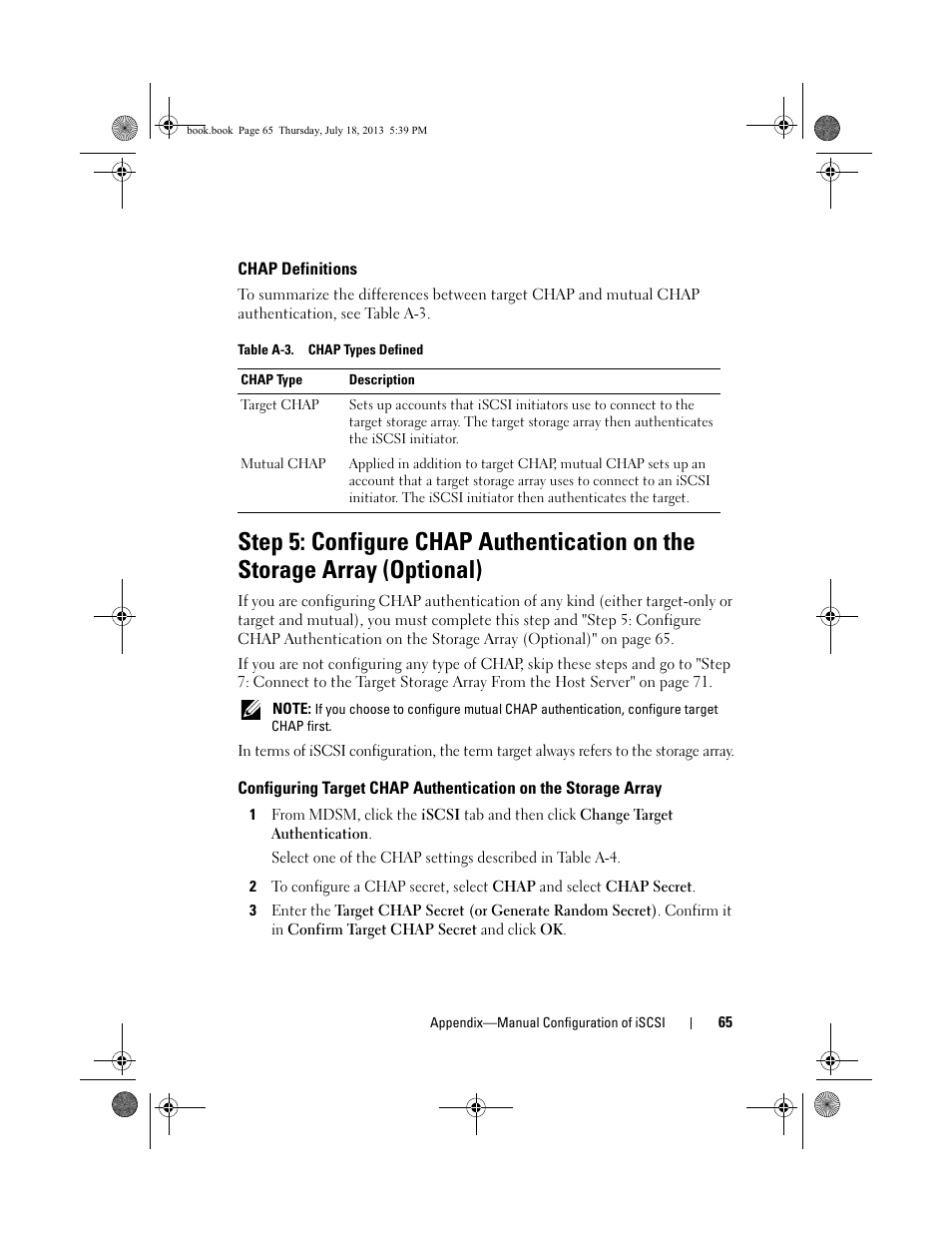 Chap definitions, Configuring target chap authentication on, The storage array | Dell POWERVAULT MD3620I User Manual | Page 65 / 86