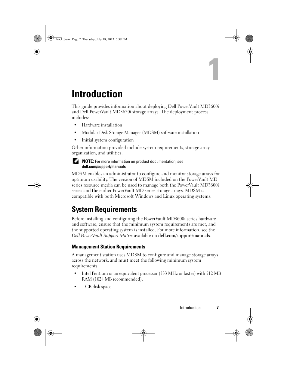 Introduction, System requirements, Management station requirements | Dell POWERVAULT MD3620I User Manual | Page 7 / 86