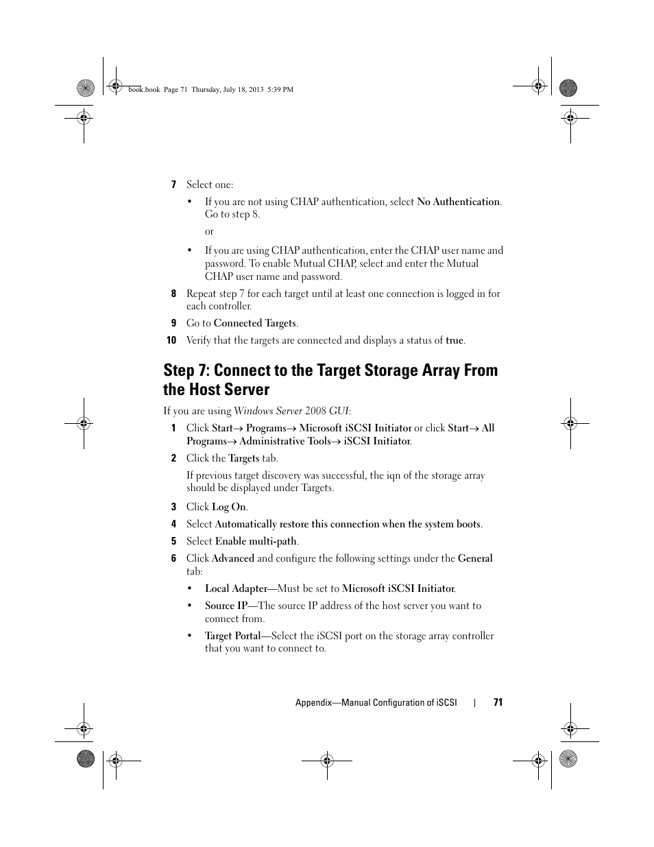 And go to "step, To "step 7: connect to the target storage array | Dell POWERVAULT MD3620I User Manual | Page 71 / 86